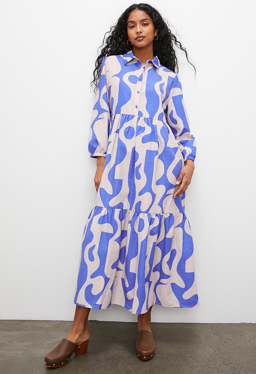 Superbalist - Tiered shirt dress - blue abstract1