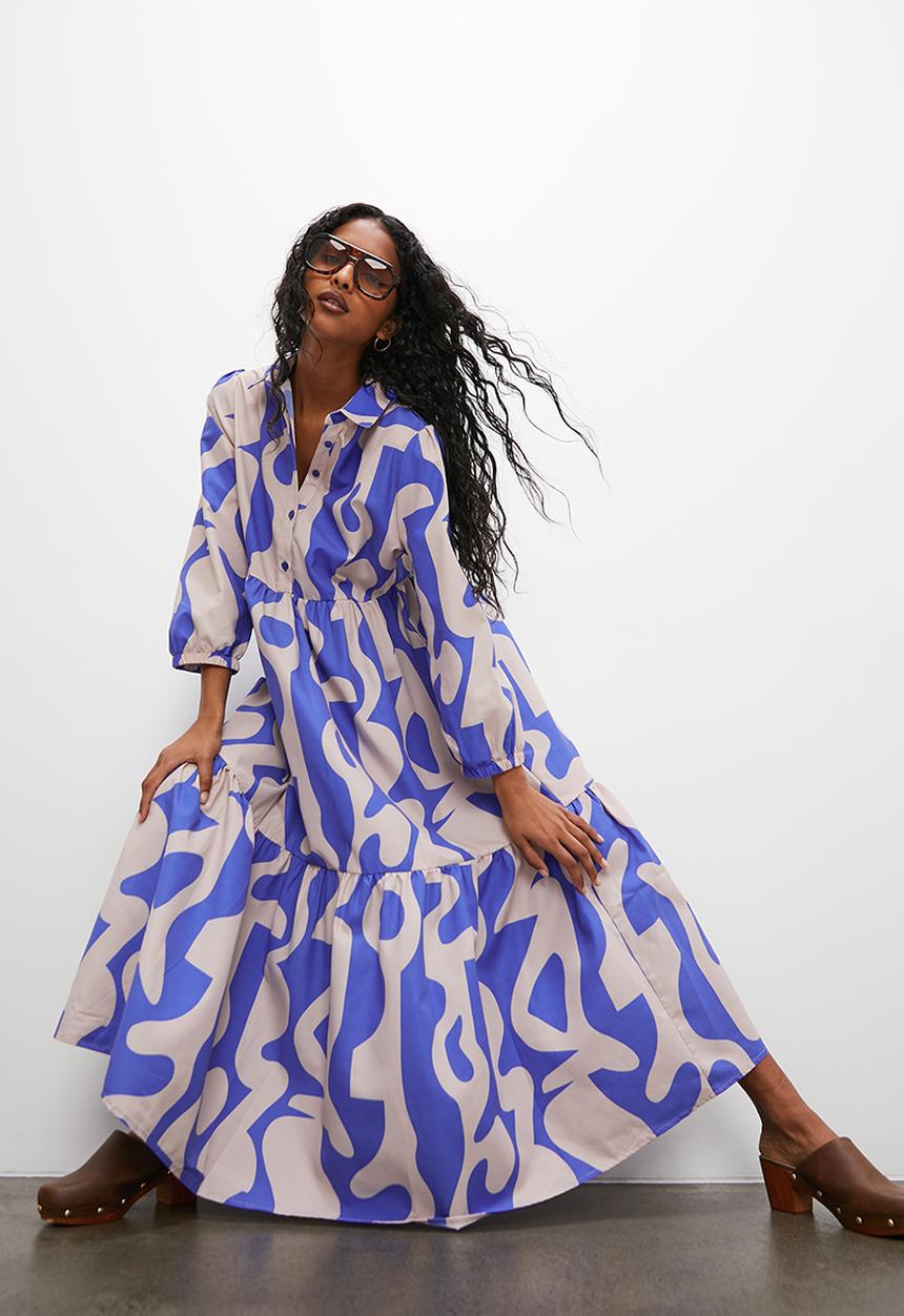 Superbalist - Tiered shirt dress - blue abstract1