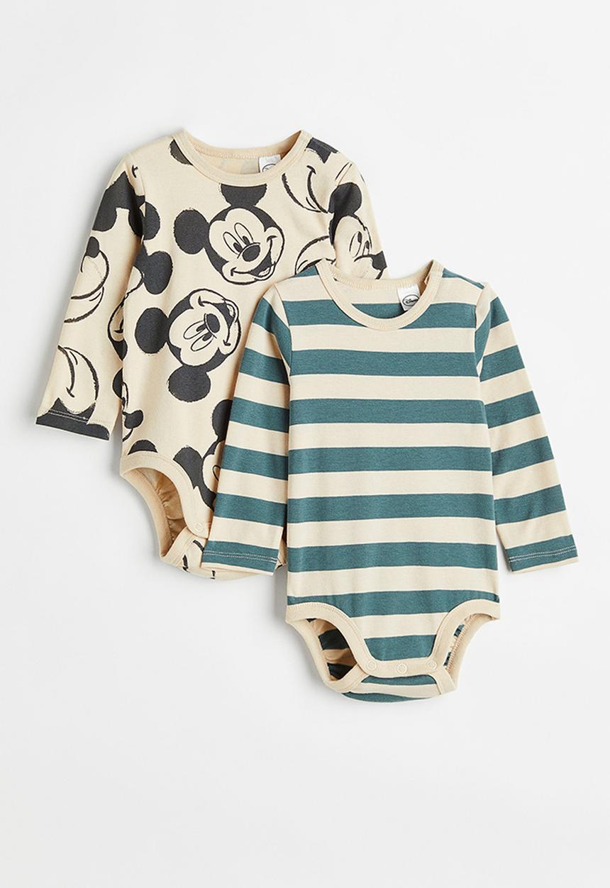 H&M - 2 Pack long sleeved bodysuits - beige/mickey mouse