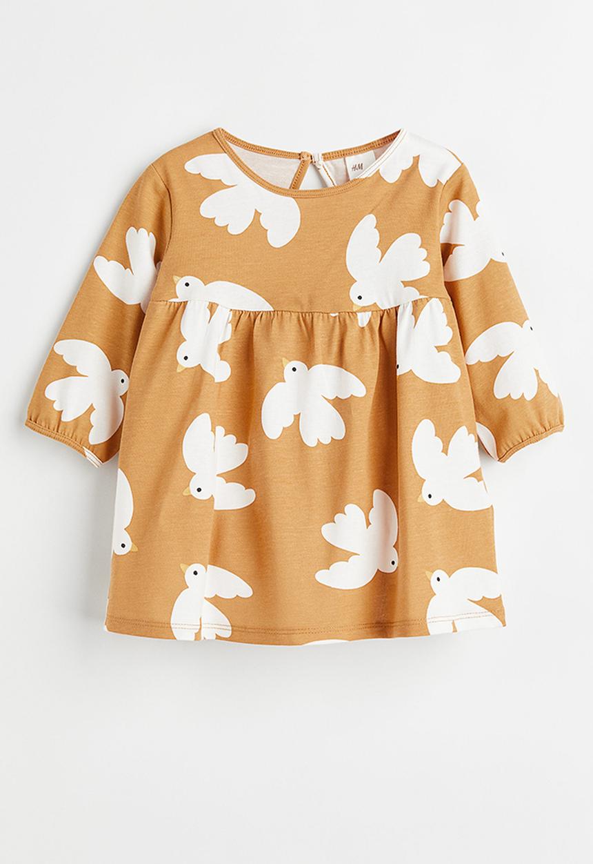 H&M - Patterned cotton jersey dress - mustard yellow/birds
