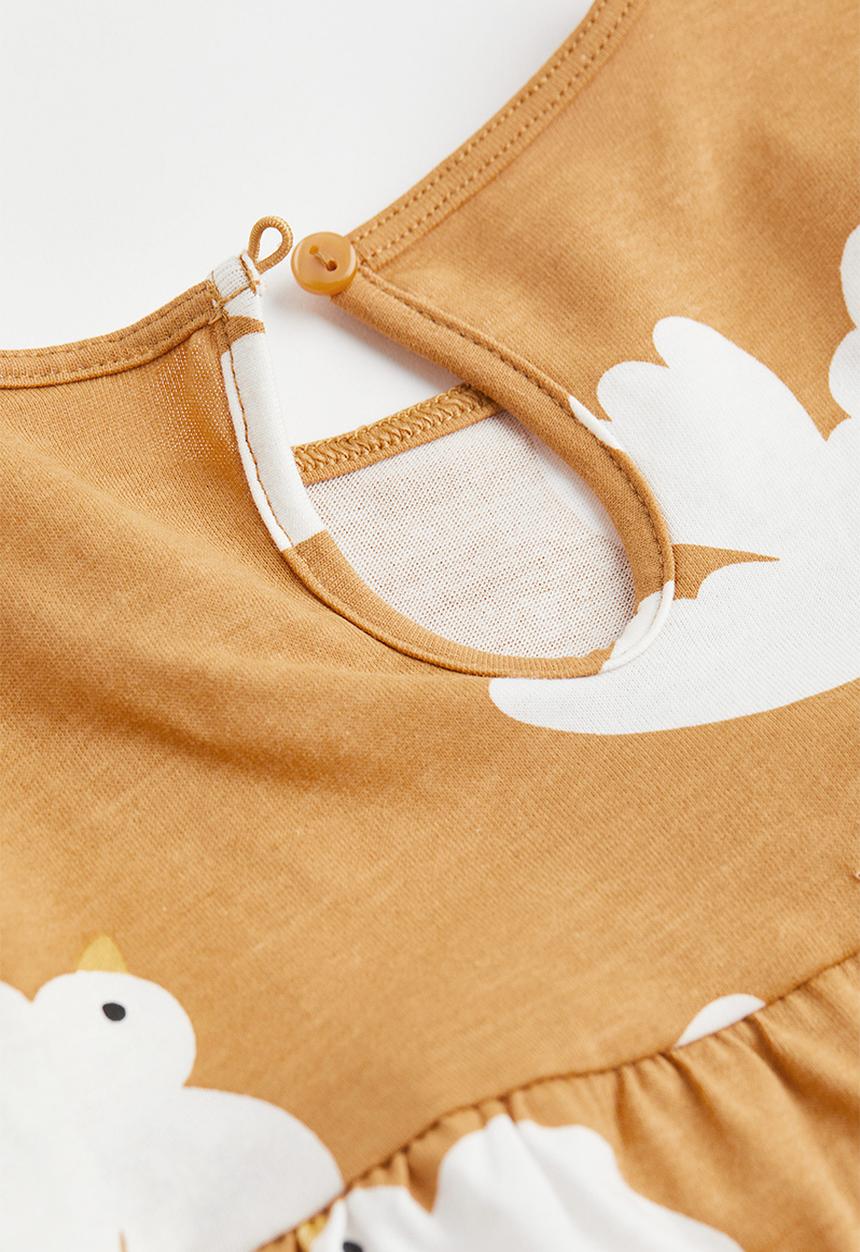 H&M - Patterned cotton jersey dress - mustard yellow/birds