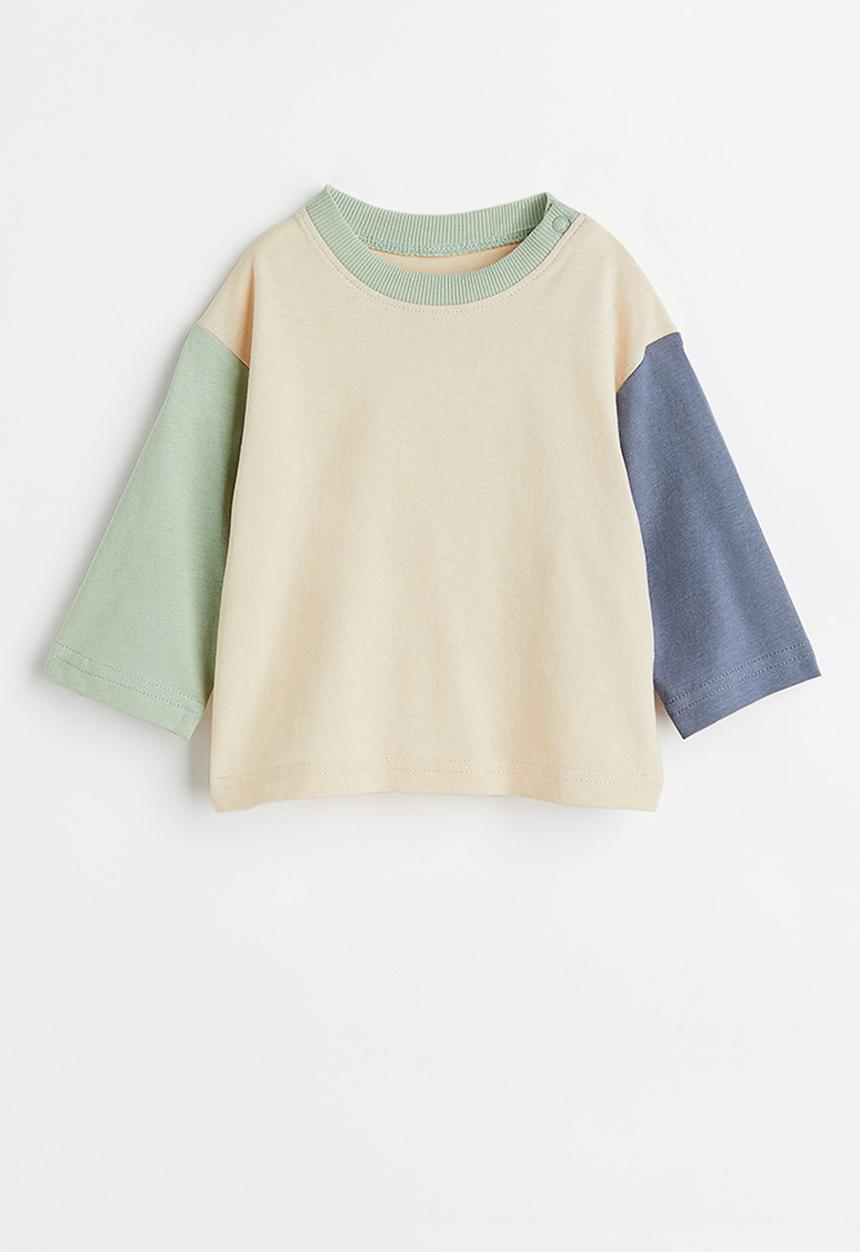 H&M - Cotton jersey top - beige/block-coloured