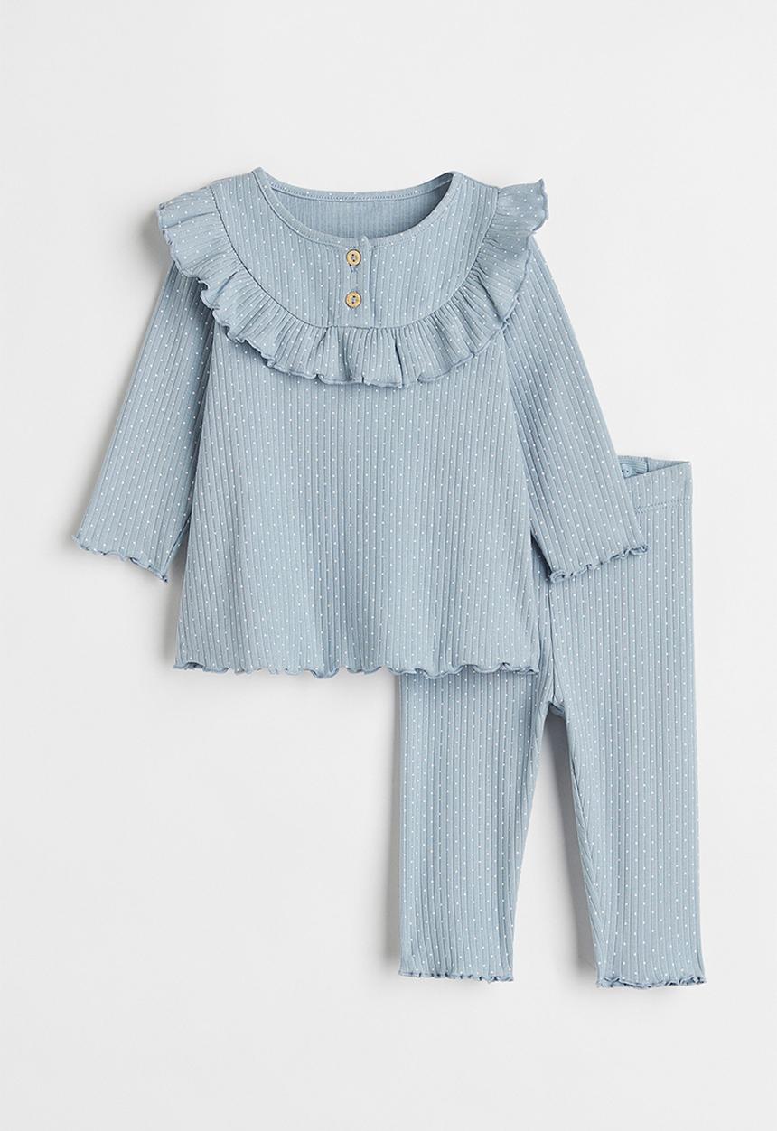 H&M - 2 Piece ribbed cotton set - light blue/spotted