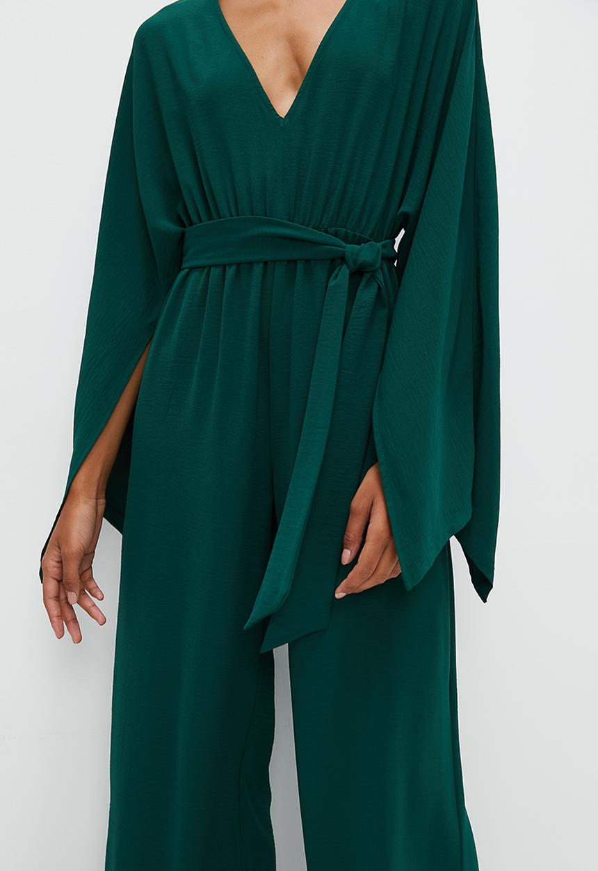 edit - Statement sleeve self tie jumpsuit - bottle green