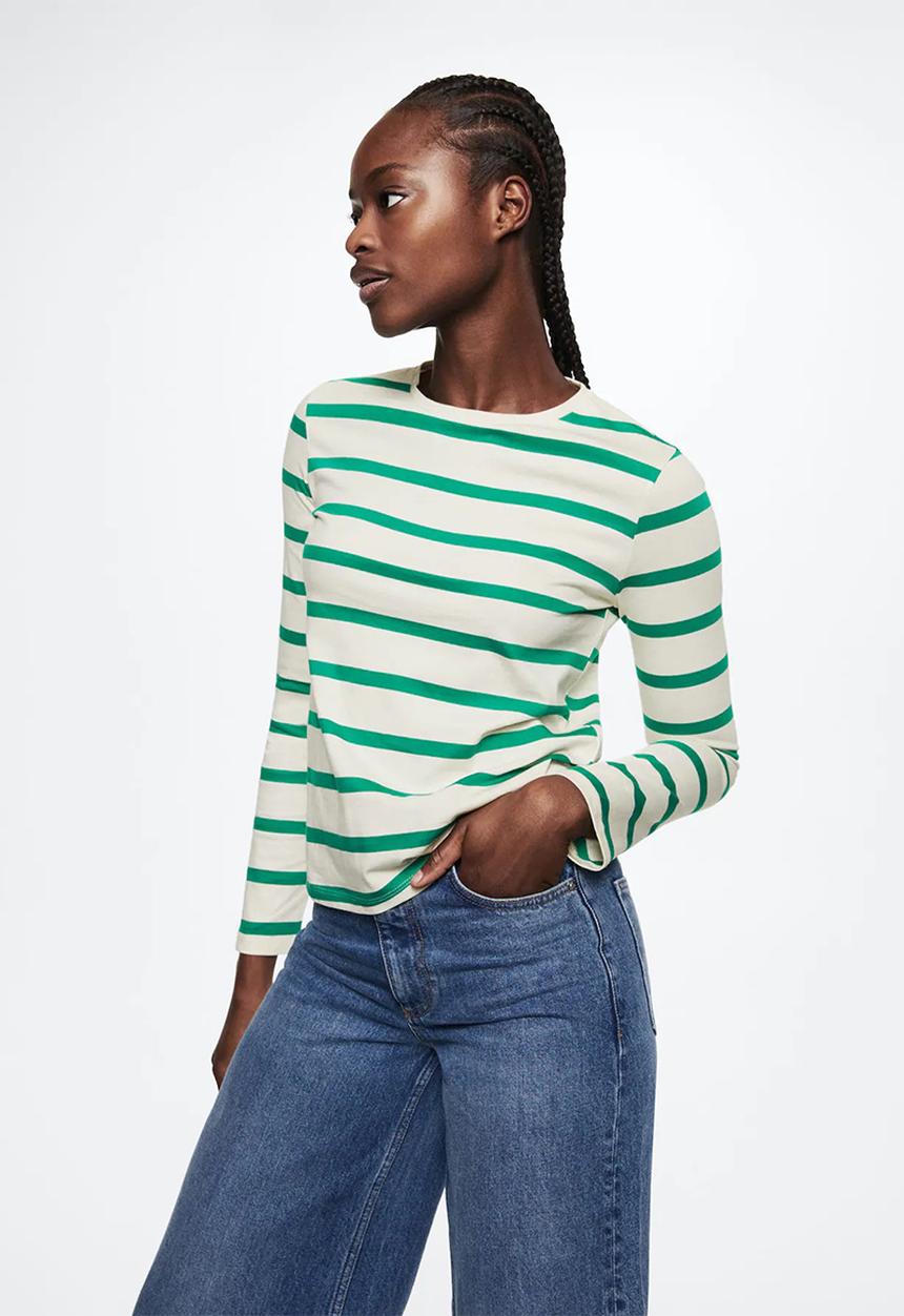 MANGO - T-shirt rayota - green & white