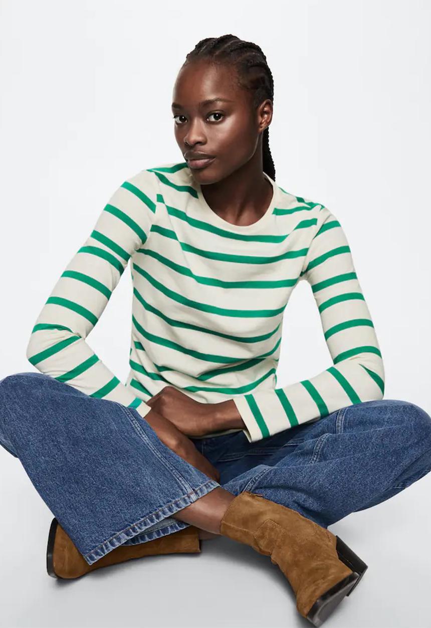 MANGO - T-shirt rayota - green & white