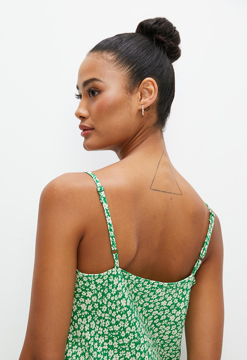 edit - Print mix satin  slip dress - green ditsy