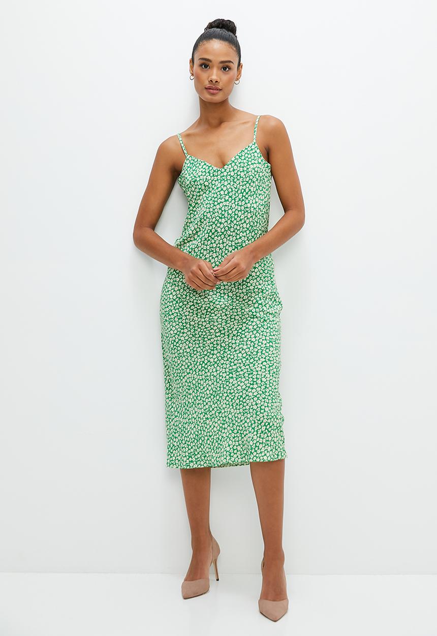edit - Print mix satin  slip dress - green ditsy