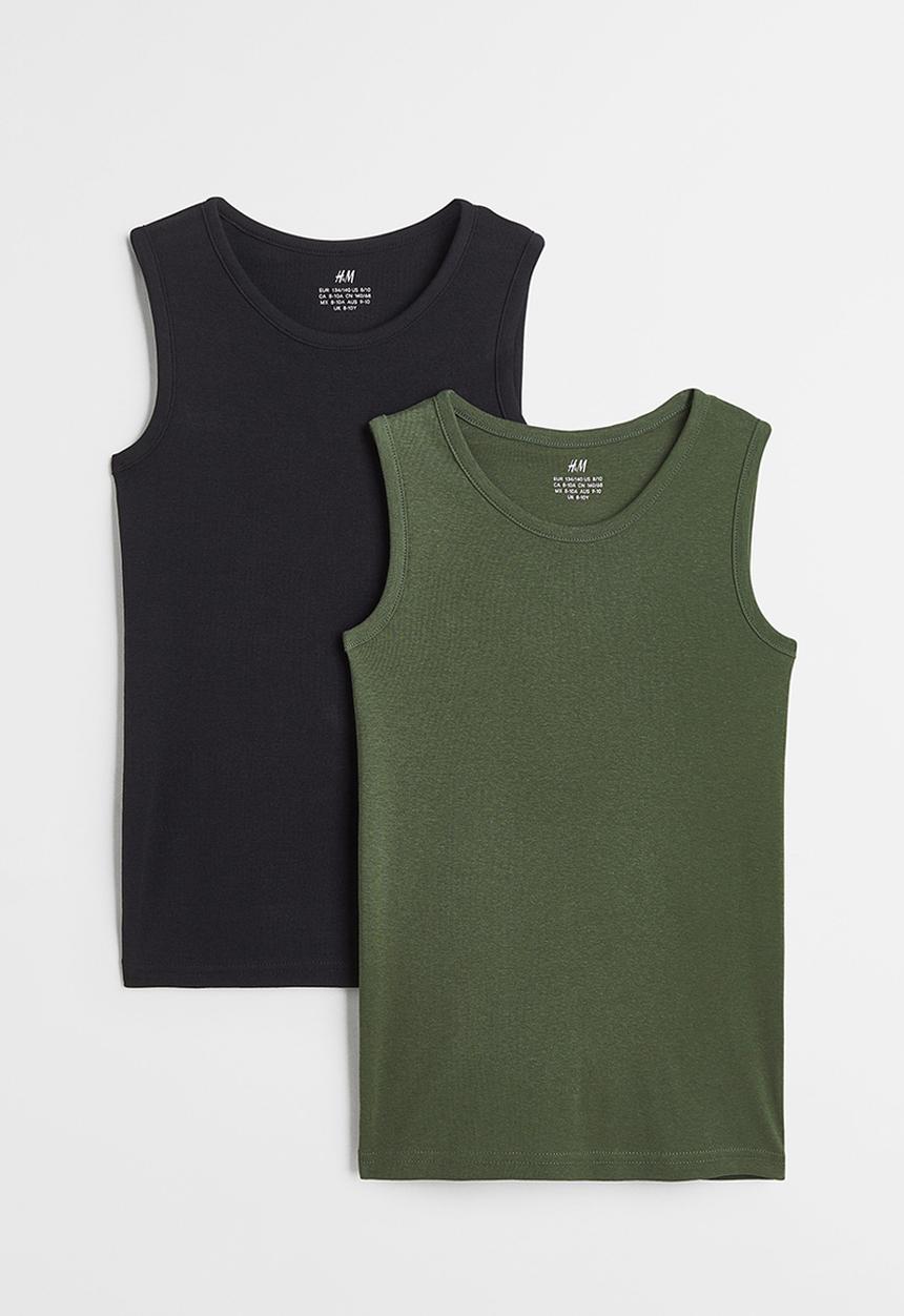 H&M - 2 Pack cotton vest tops - dark khaki green/black