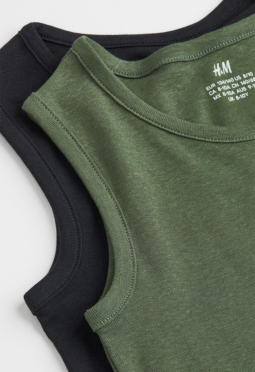H&M - 2 Pack cotton vest tops - dark khaki green/black