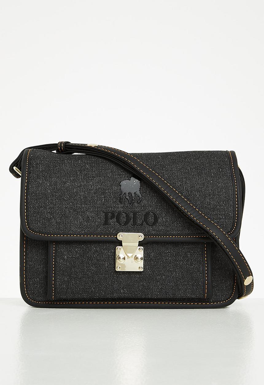 POLO - Denim flapover sling bag- black