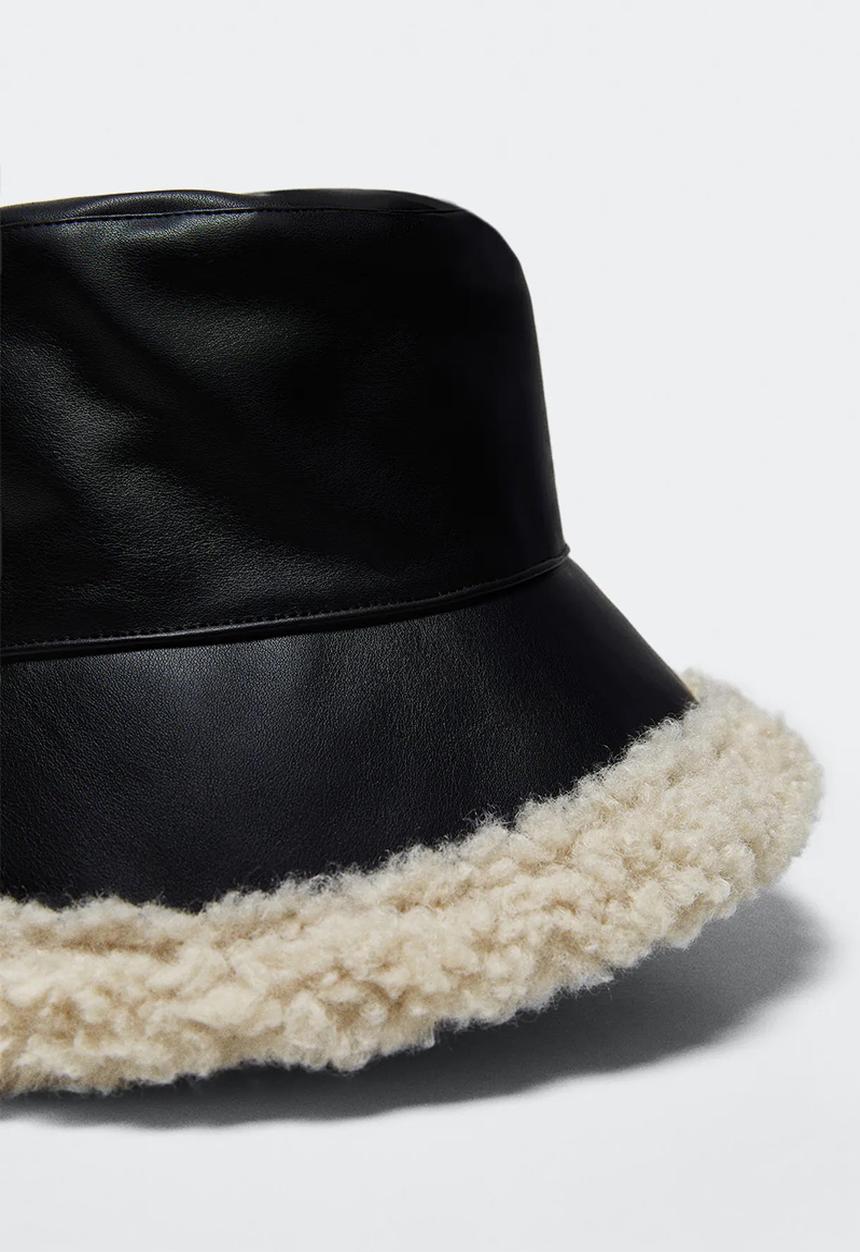 MANGO - Leather effect bucket hat - black