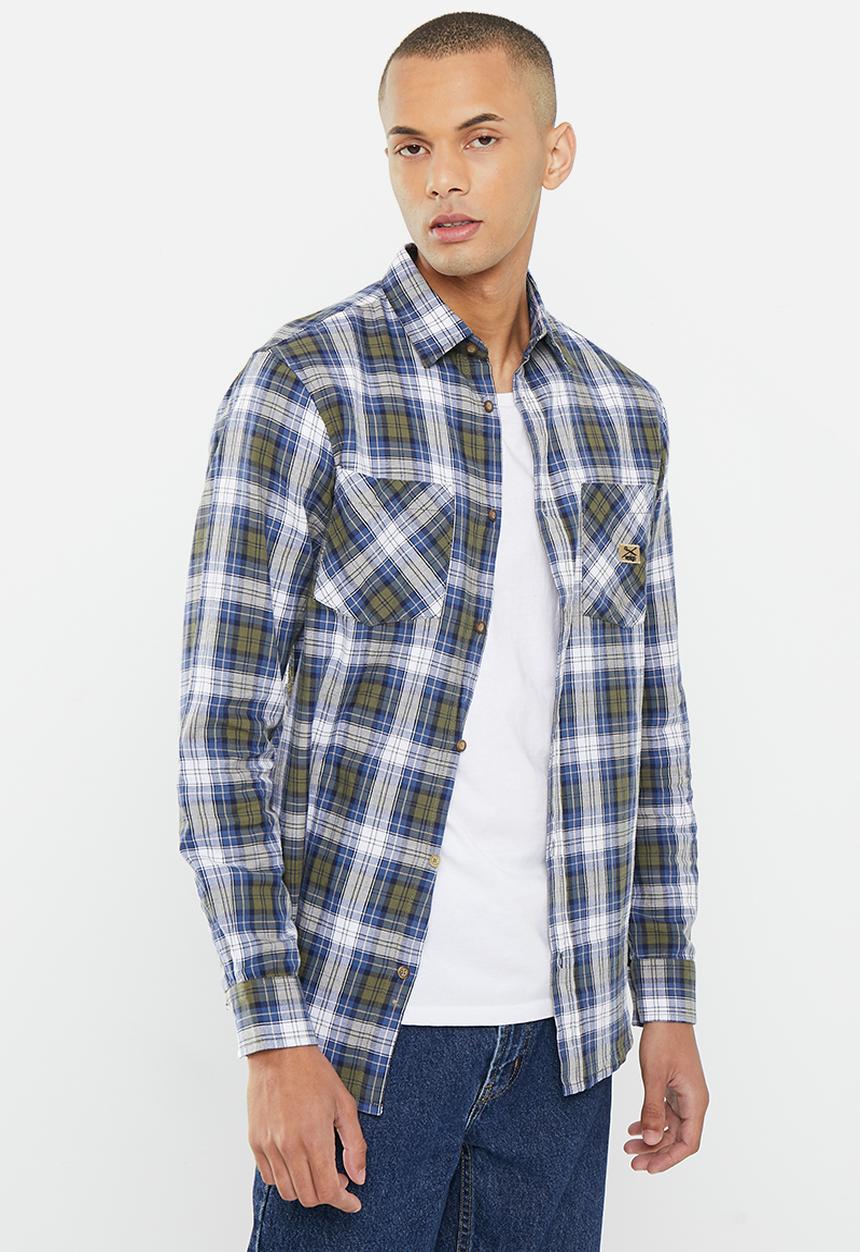 Vertigo - Mens vertigo flannel enzyme washes shirt long sleeve - indigo
