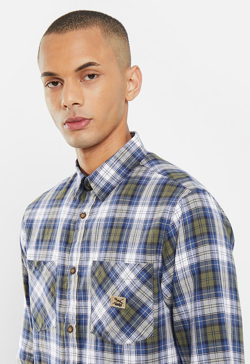 Vertigo - Mens vertigo flannel enzyme washes shirt long sleeve - indigo