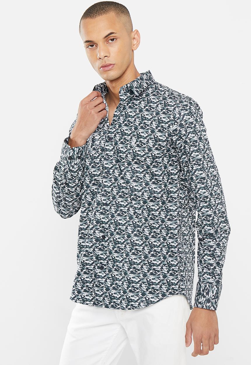 POLO - Men pixel print ls shirt - blue