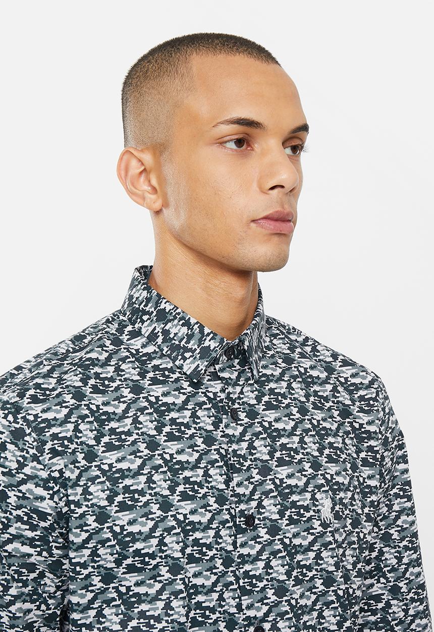 POLO - Men pixel print ls shirt - blue