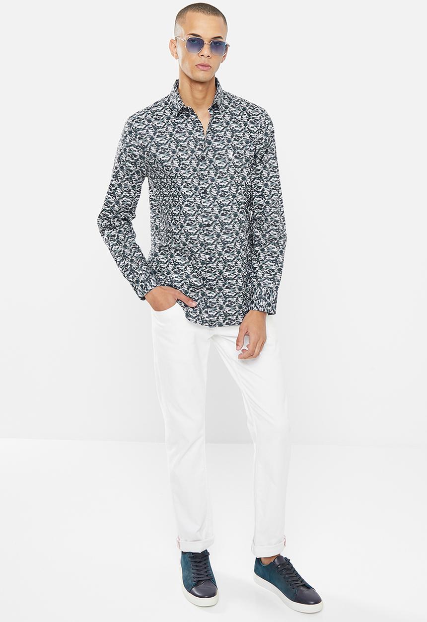 POLO - Men pixel print ls shirt - blue
