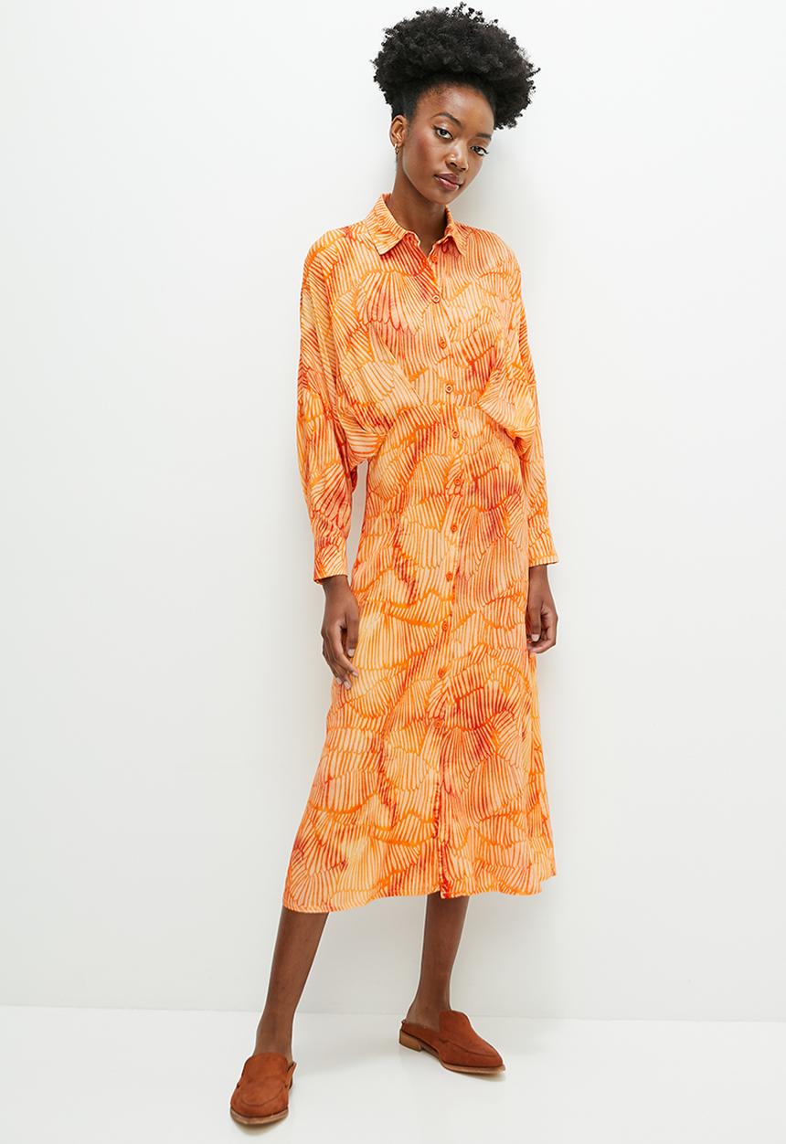 edit - Dolman sleeve printed shirt dress - tan natures texture