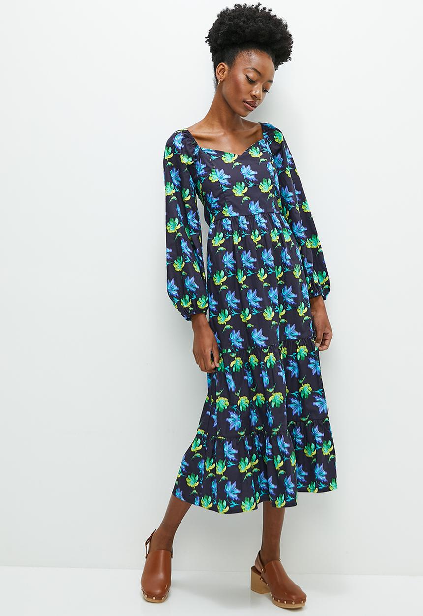 edit - Balloon sleeve midi with open back detail - black floral burst