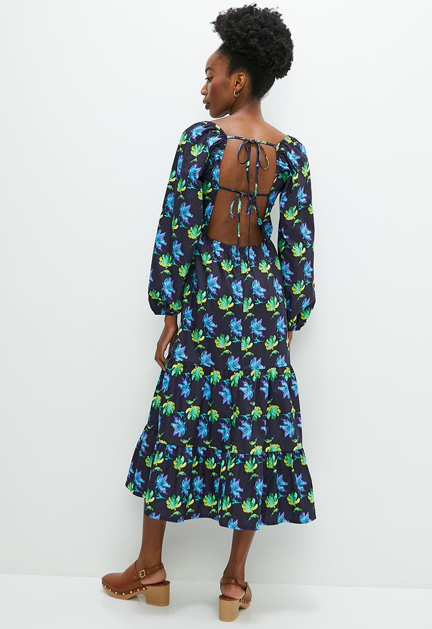 edit - Balloon sleeve midi with open back detail - black floral burst