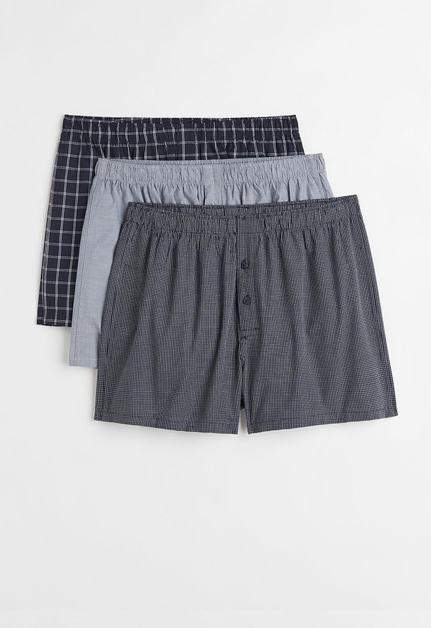 H&M - 3 Pack woven cotton boxer shorts - dark blue/white checked
