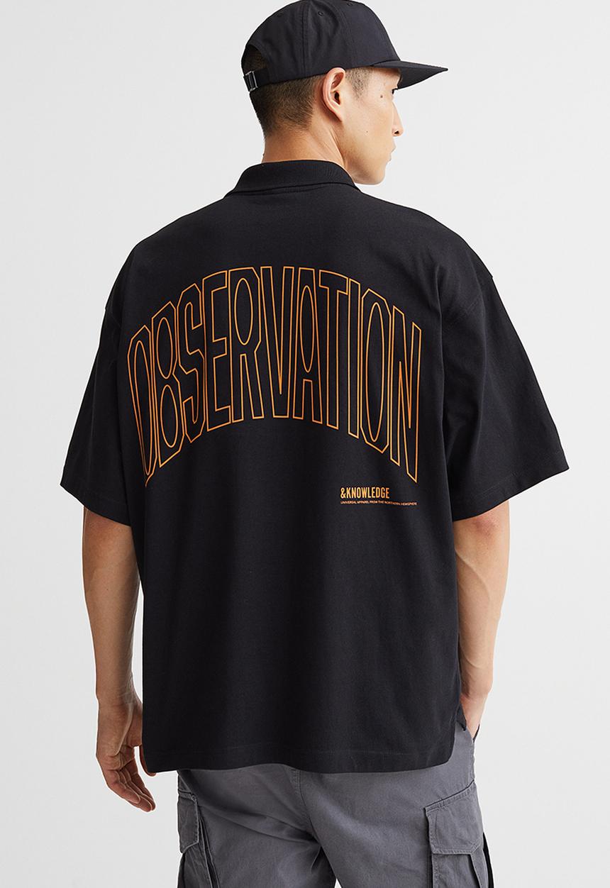 H&M - Oversized fit cotton polo shirt - black & orange