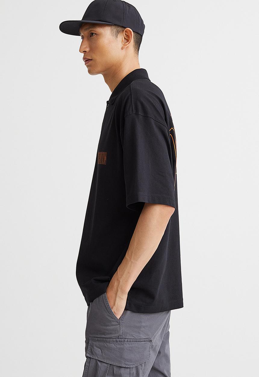 H&M - Oversized fit cotton polo shirt - black & orange