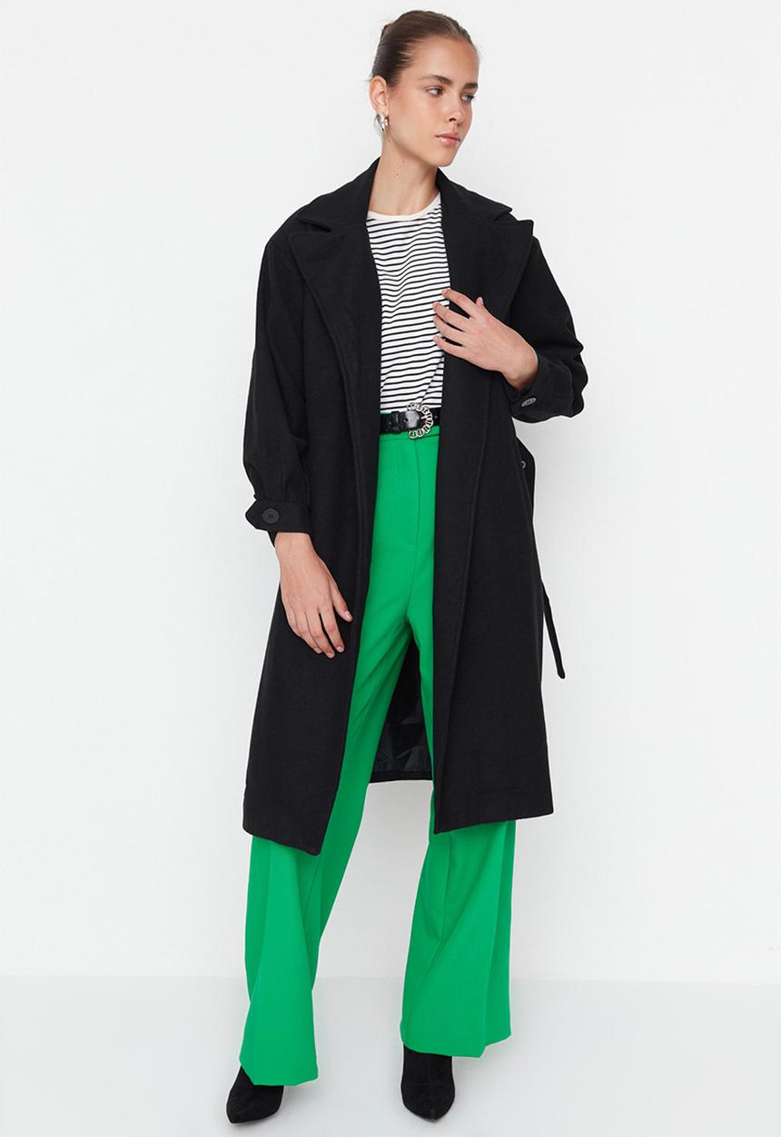 Trendyol - Wide cut ring buckle belt long coat - black