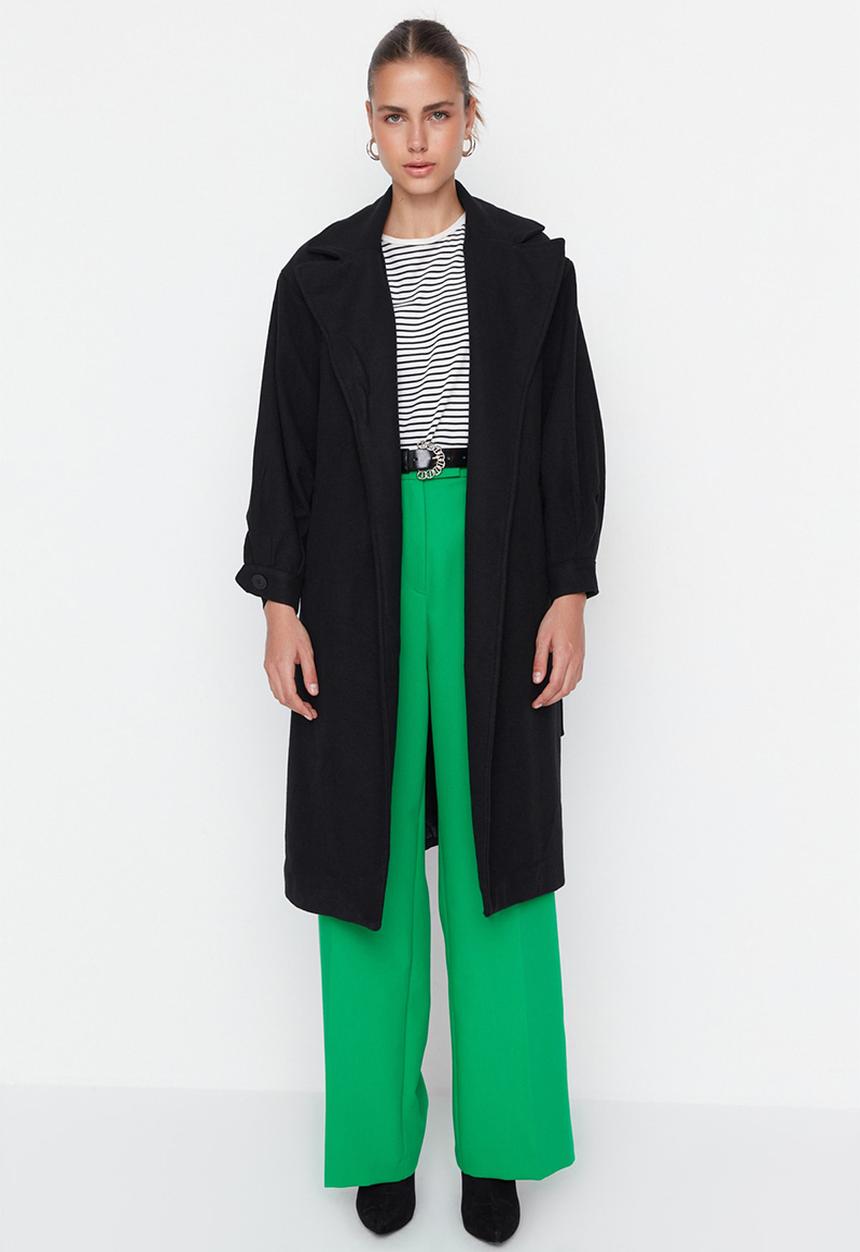 Trendyol - Wide cut ring buckle belt long coat - black