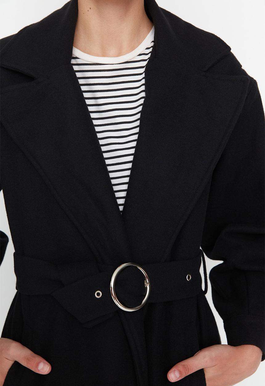 Trendyol - Wide cut ring buckle belt long coat - black