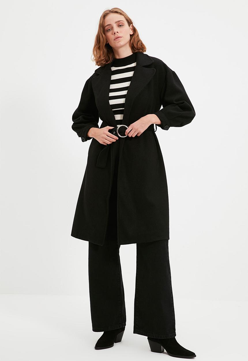Trendyol - Wide cut ring buckle belt long coat - black