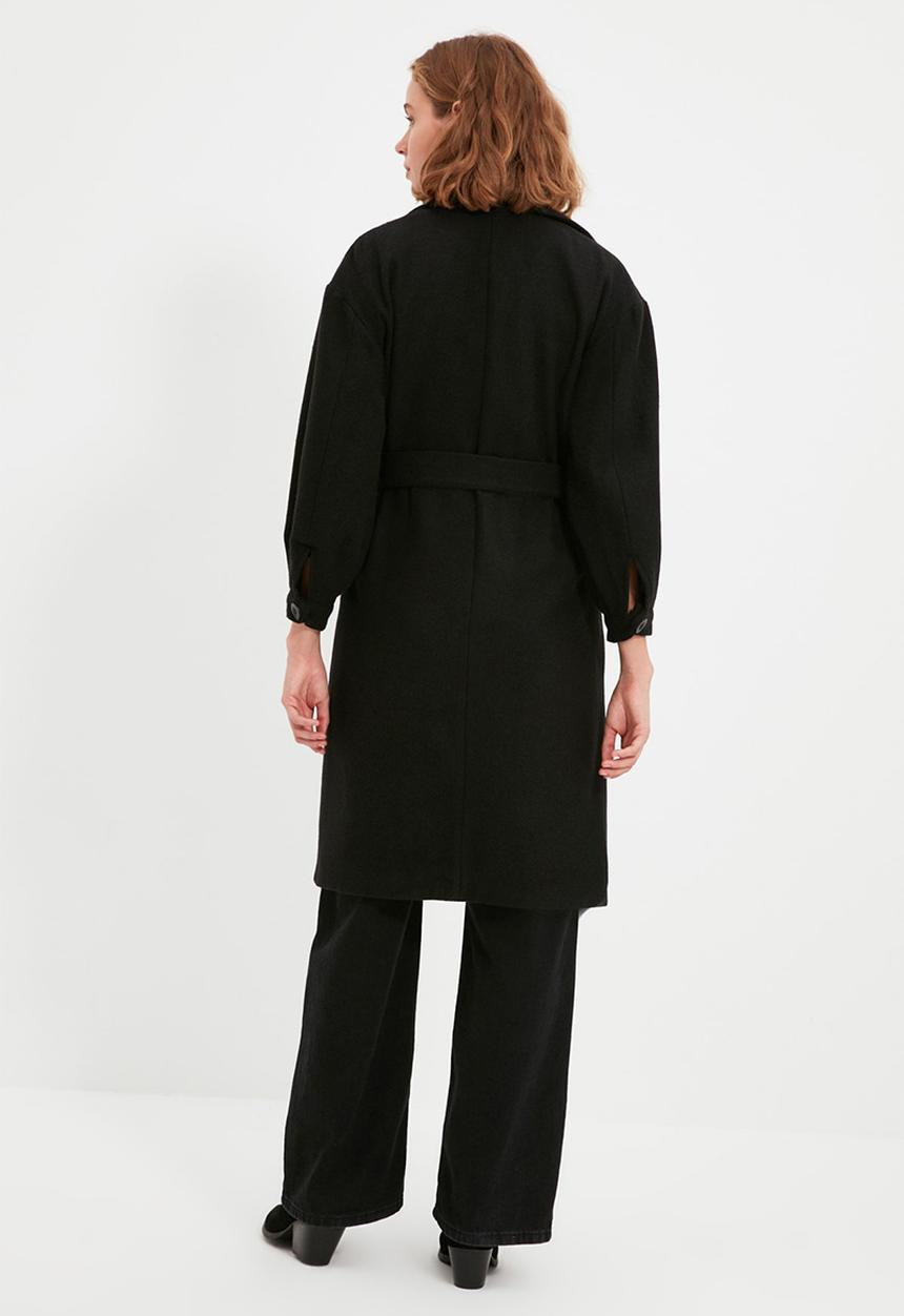 Trendyol - Wide cut ring buckle belt long coat - black