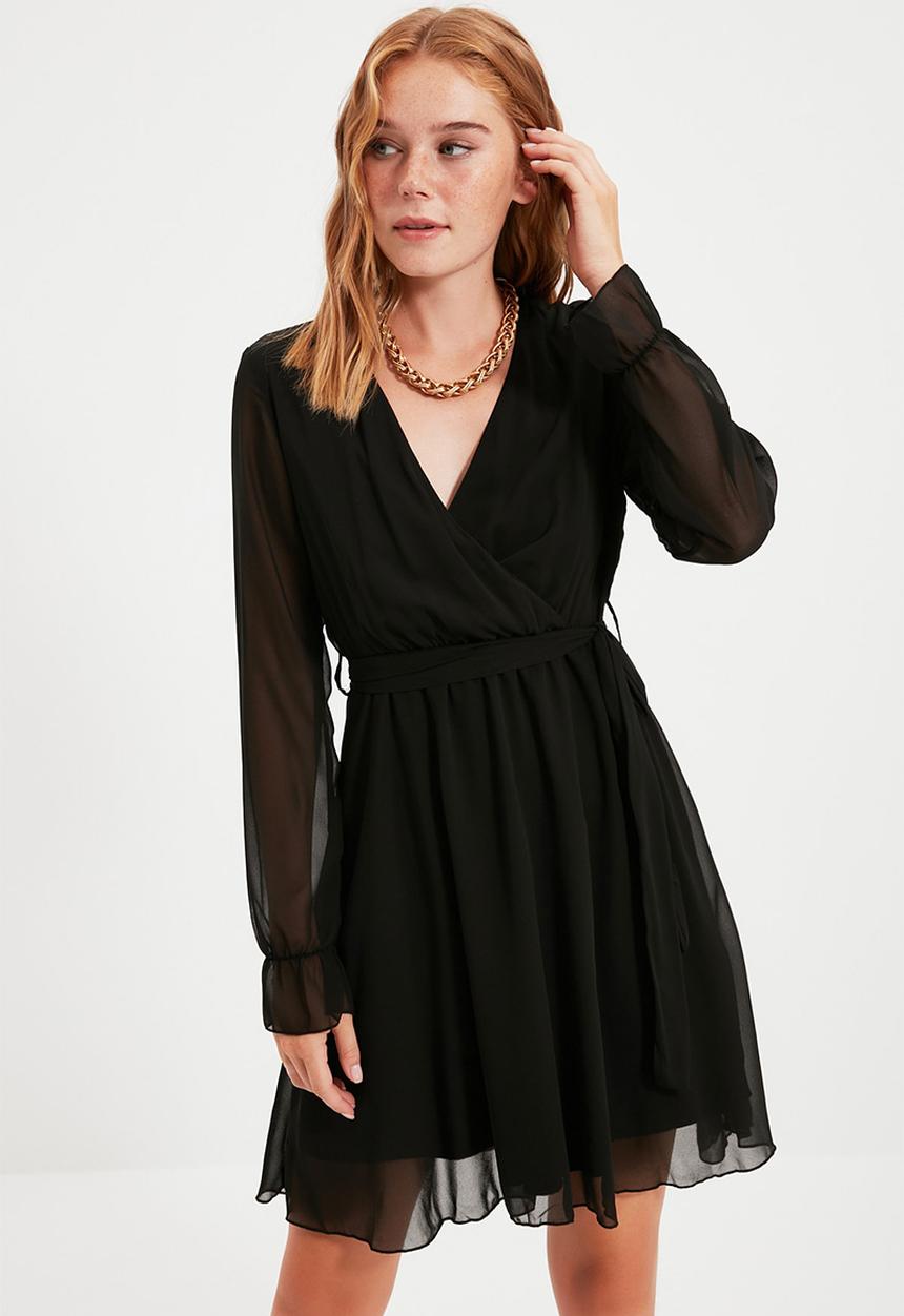 Trendyol - Belted dress flare dress - black