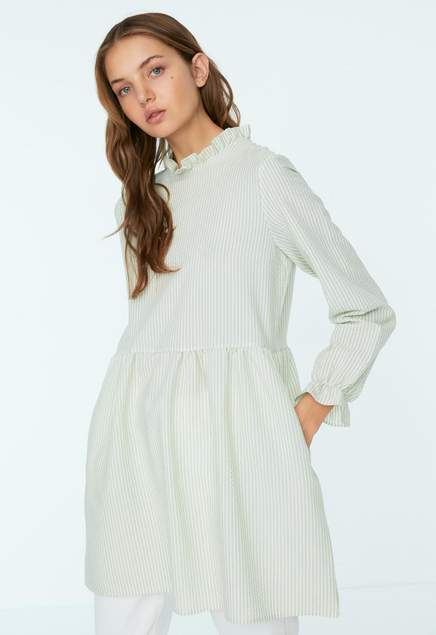 Trendyol - Frill collar long babydoll top - green