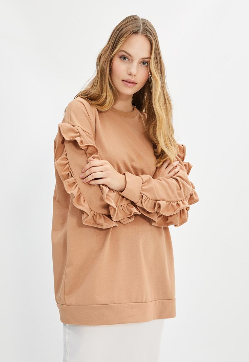 Trendyol - Sleeve frilly knitted sweatshirt - beige