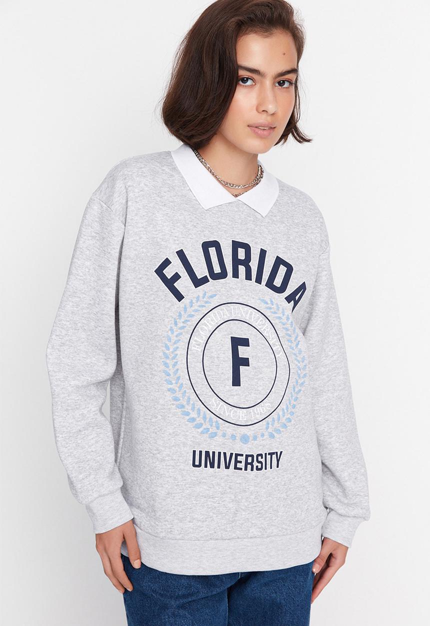 Trendyol - Printed polo collar fleece sweatshirt - light grey