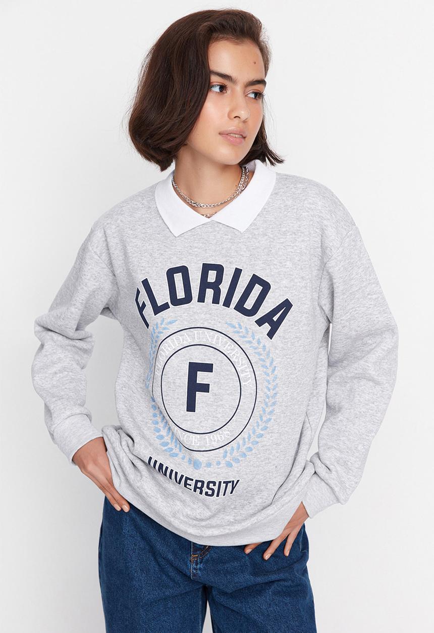 Trendyol - Printed polo collar fleece sweatshirt - light grey