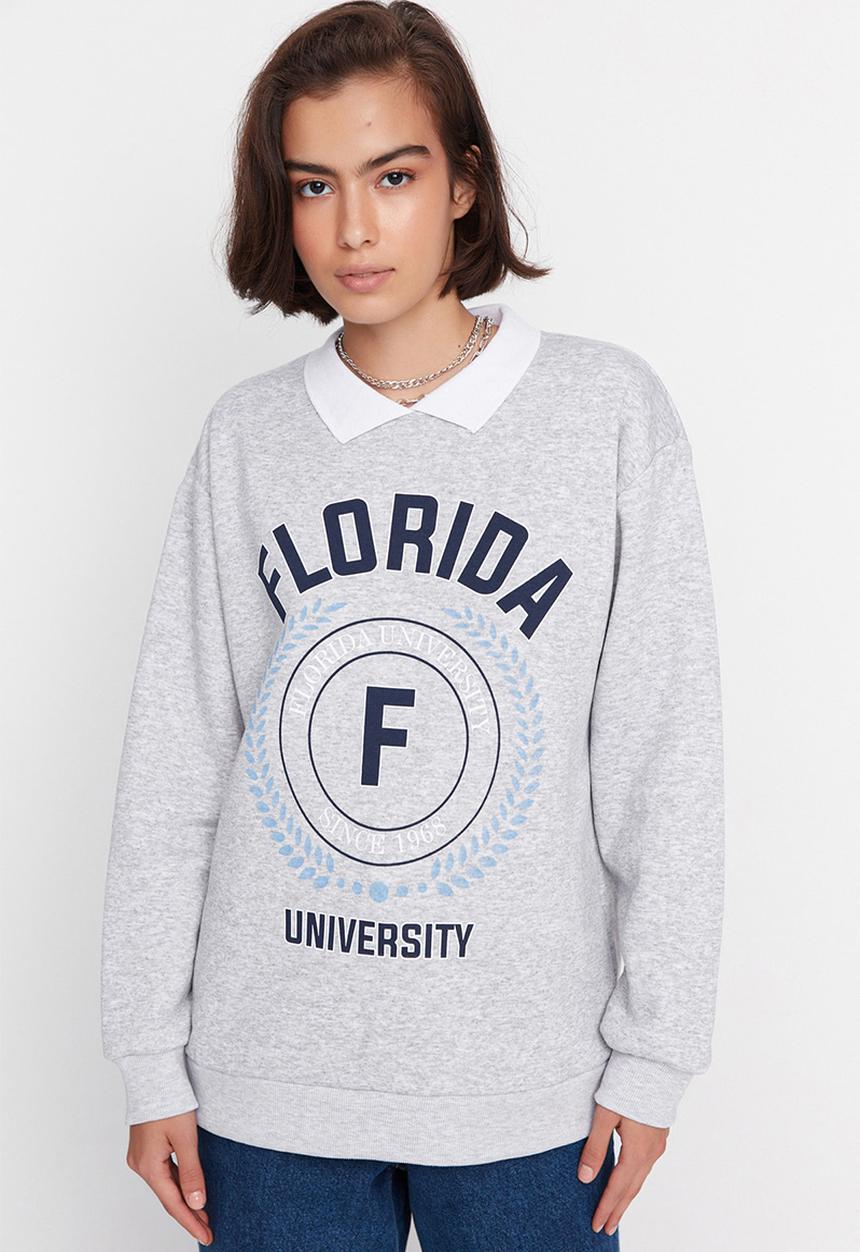 Trendyol - Printed polo collar fleece sweatshirt - light grey