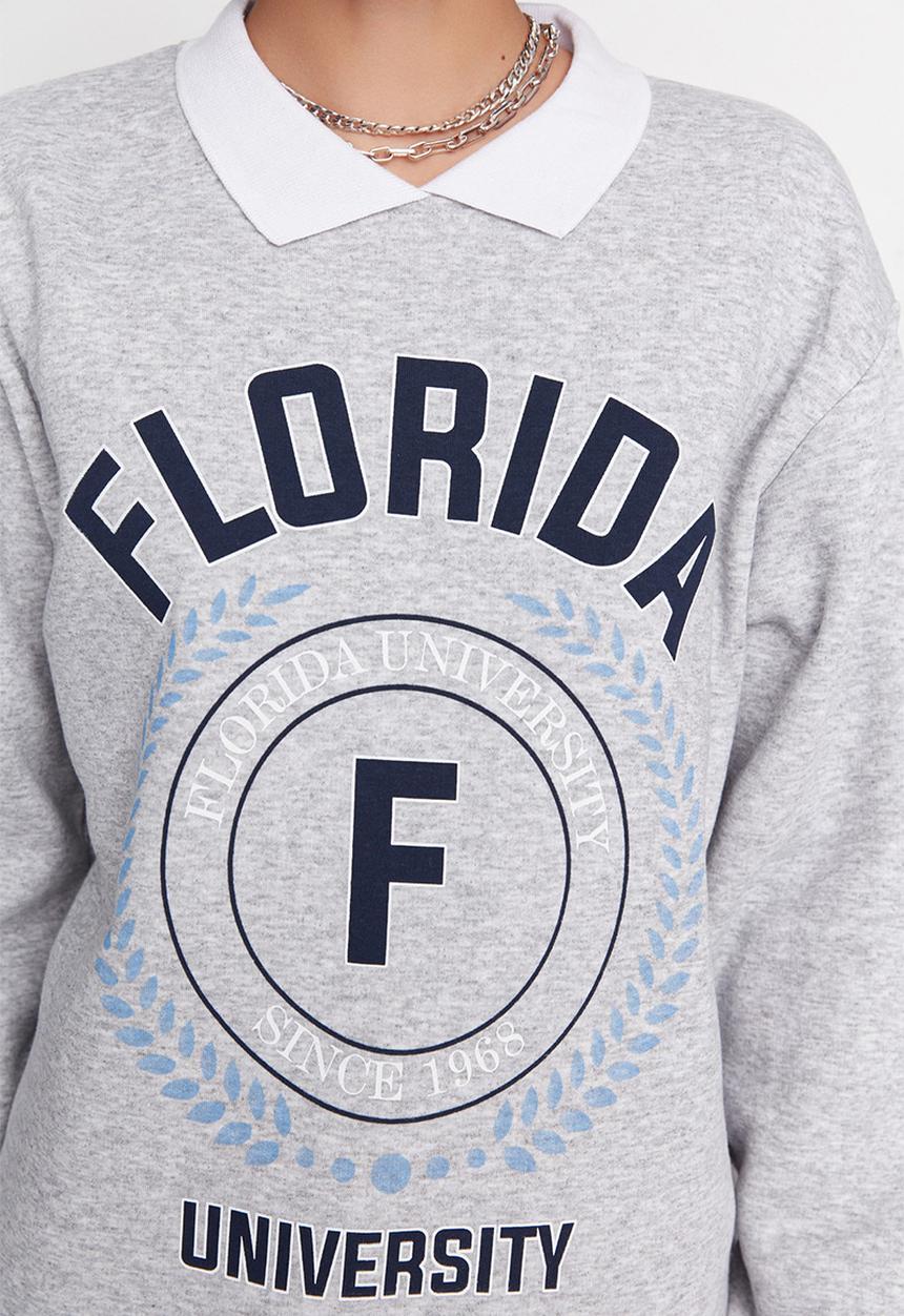 Trendyol - Printed polo collar fleece sweatshirt - light grey