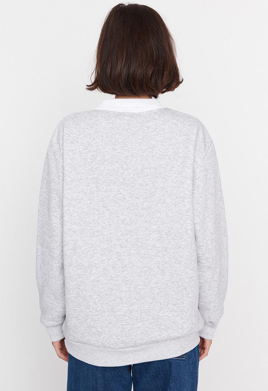 Trendyol - Printed polo collar fleece sweatshirt - light grey