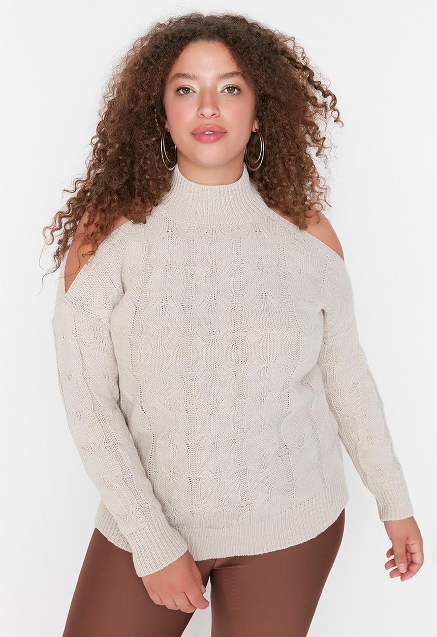 Trendyol - Plus shoulder cut out crew neck knit sweater - beige