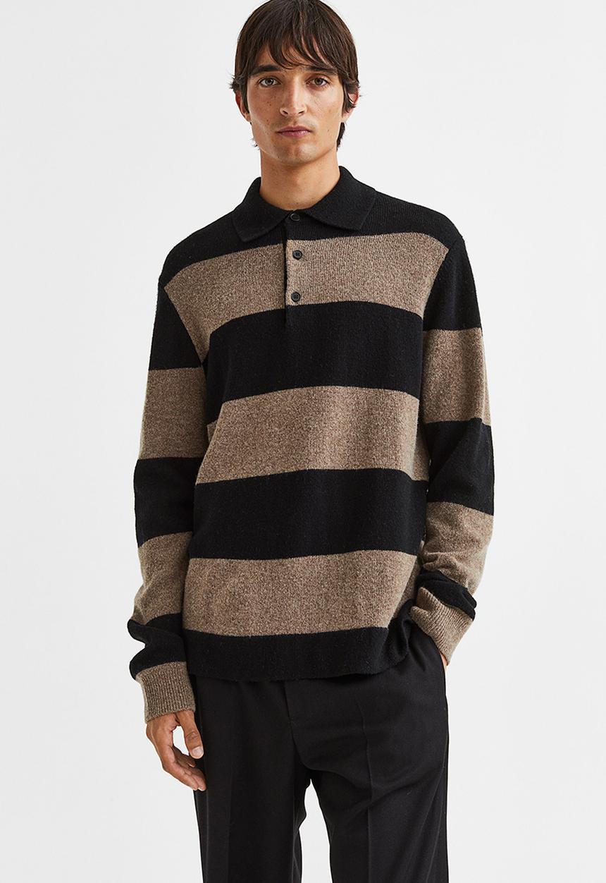 H&M - Relaxed fit wool polo shirt - dark beige/striped