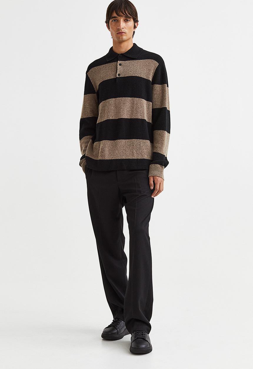 H&M - Relaxed fit wool polo shirt - dark beige/striped
