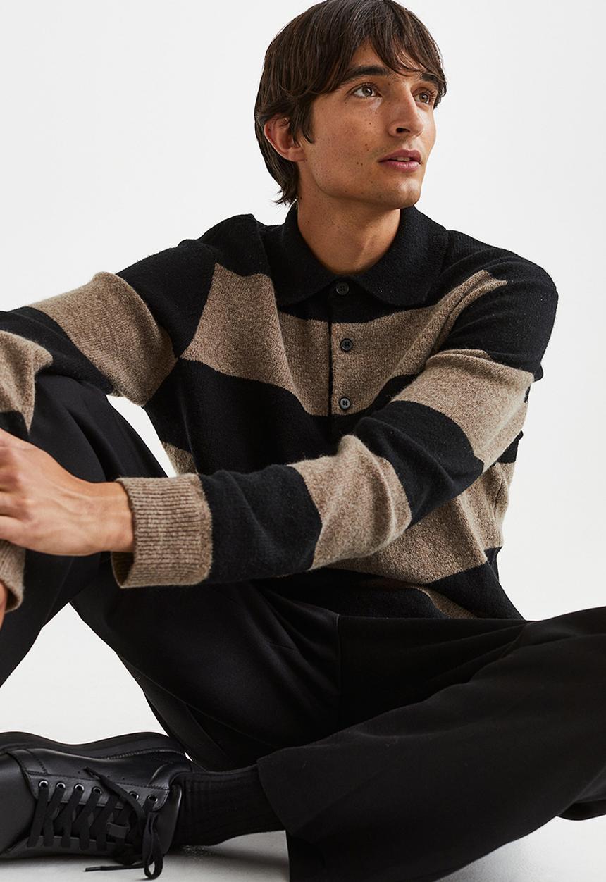 H&M - Relaxed fit wool polo shirt - dark beige/striped
