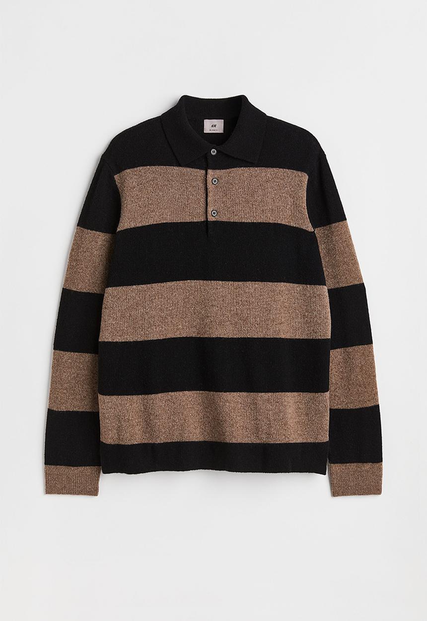H&M - Relaxed fit wool polo shirt - dark beige/striped