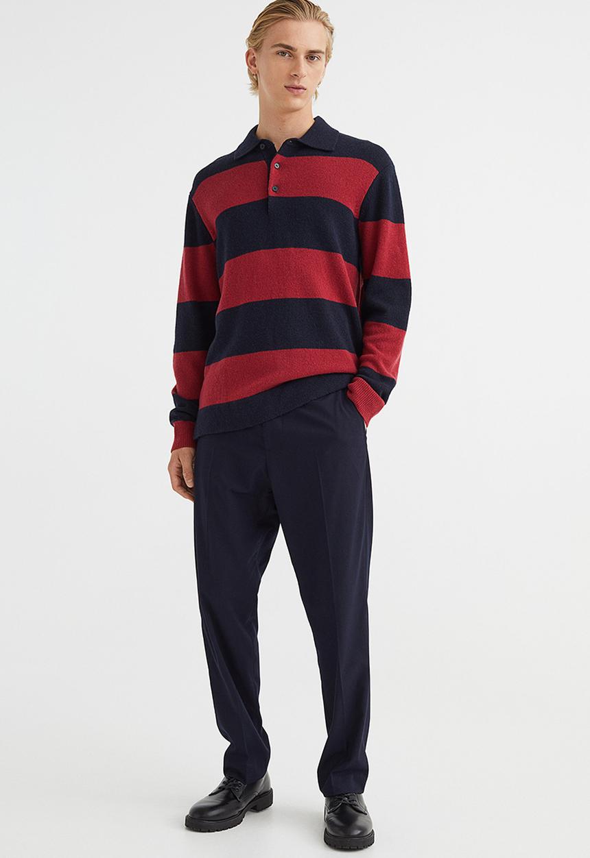 H&M - Relaxed fit wool polo shirt - dark red/striped