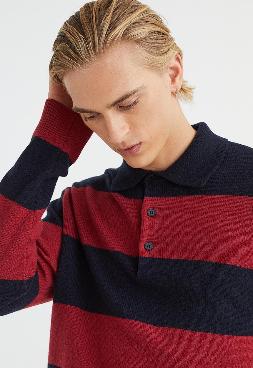 H&M - Relaxed fit wool polo shirt - dark red/striped