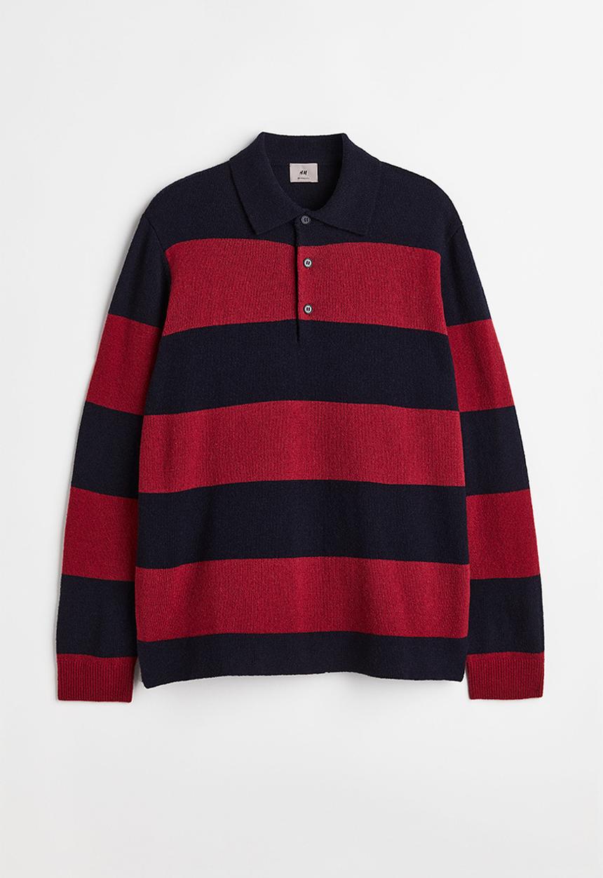 H&M - Relaxed fit wool polo shirt - dark red/striped