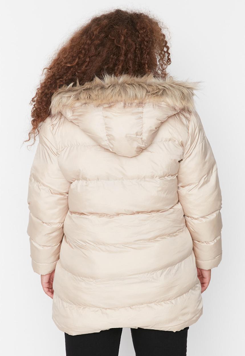 Trendyol - Plus hooded faux fur coat with zipper - beige