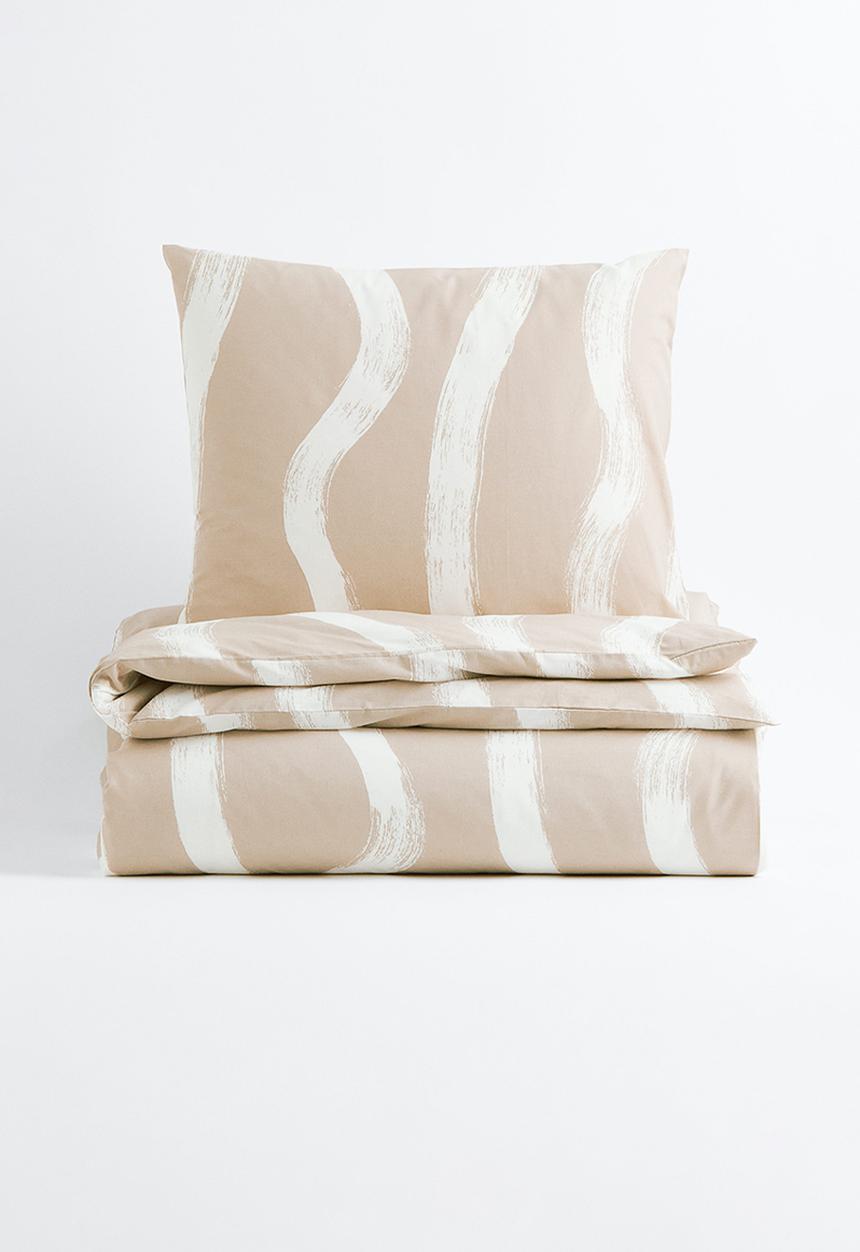 H&M - Patterned cotton single duvet cover set - beige/multi